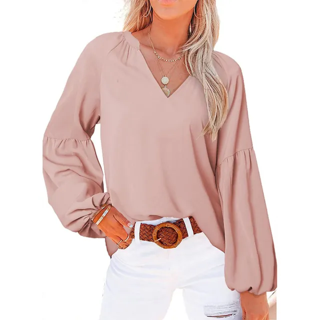 Women's Balloon Sleeve Loose Long Sleeve V Neck T Shirt Top Pink - Shop at LoveMi