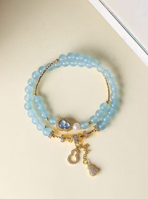 Natural Aquamarine Pearl Bracelet Gourd Fu Lu Two Tone Beaded Chain Wealth Energy Jewelry For Women