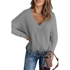 Fashion Women's New Cotton Tassel Ripped Sweater Knitted - Grey - View 1