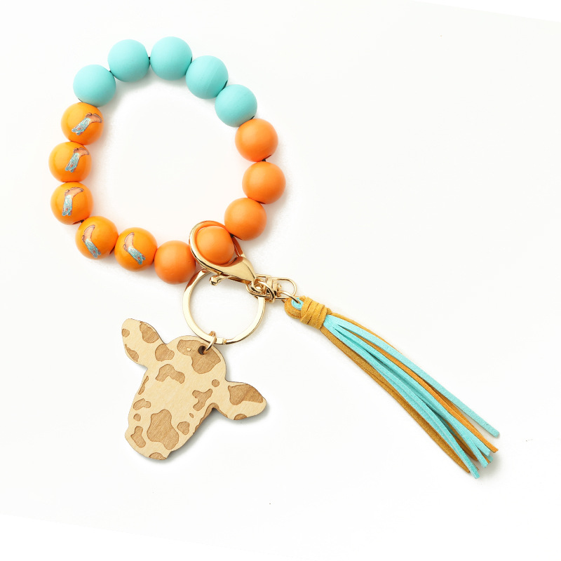 Title 4, Wooden Beads Bracelet Bull Head Keychain