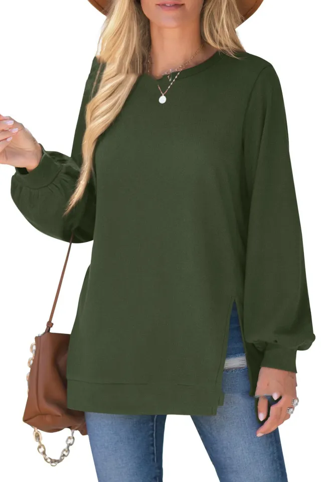 Women's Pullover Side Slit Sweater Dark Green - Shop at LoveMi