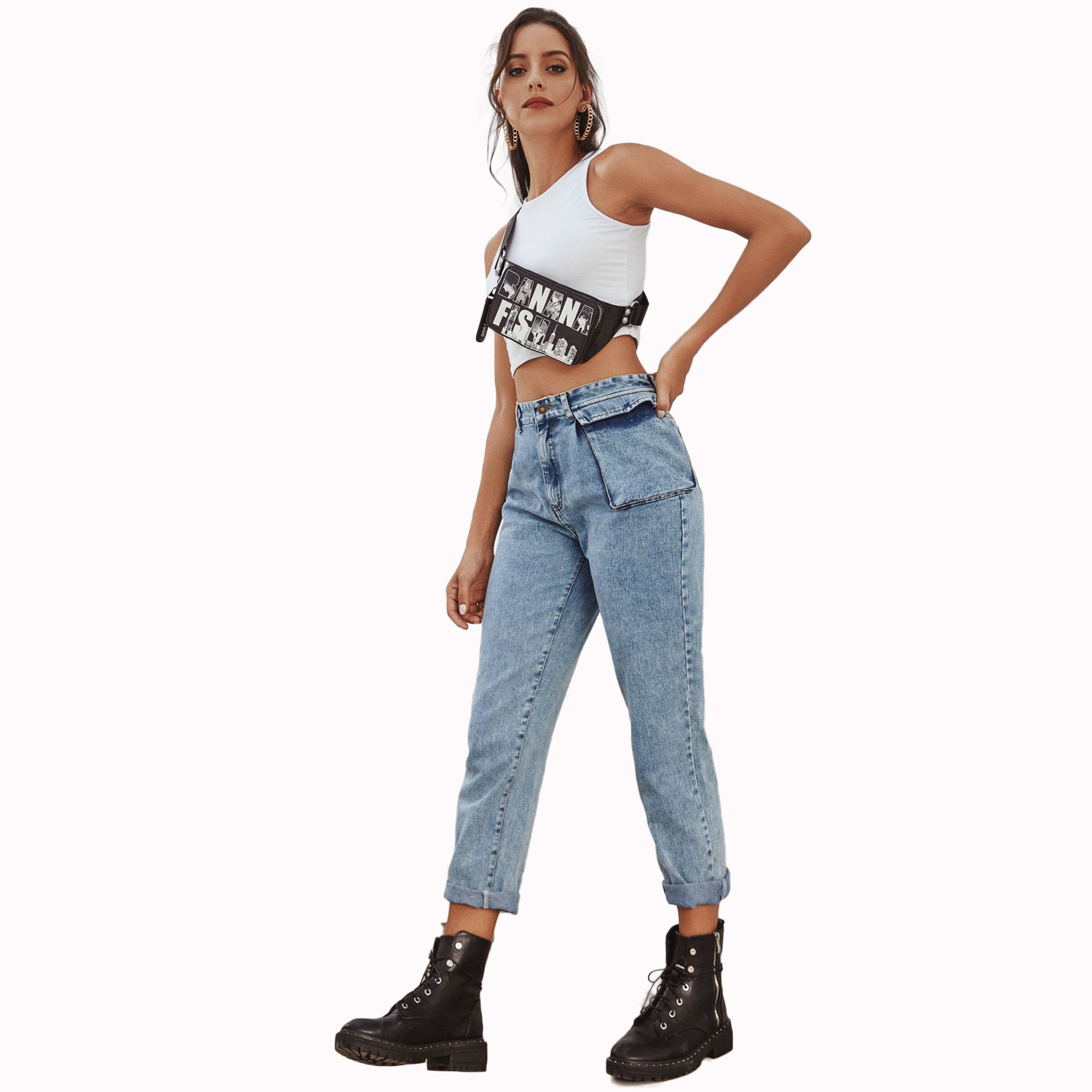 Title 7, High Waist Tooling Patch Pocket Denim Trousers