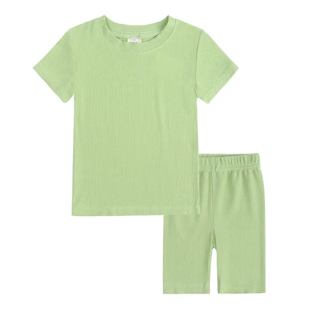 Summer Women's And Women's Solid Color Short sleeved Tights Two Piece Suit Green - Shop at LoveMi