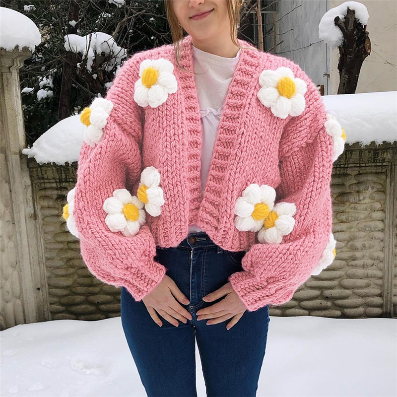 Title 4, Round Neck Lantern Sleeve Knitted Cardigan Sweater