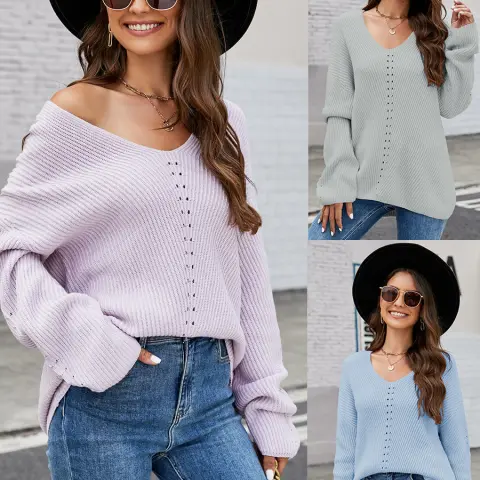 Long Sleeve Sweater with Pocket Solid Color V-neck Pullover
