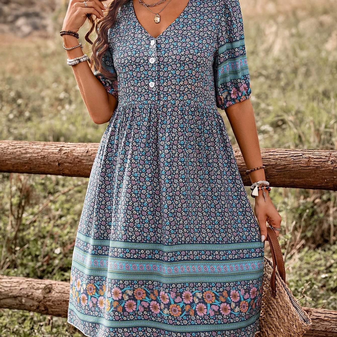 Printed Buttoned Casual Dress Vacation Beach Outfits Women