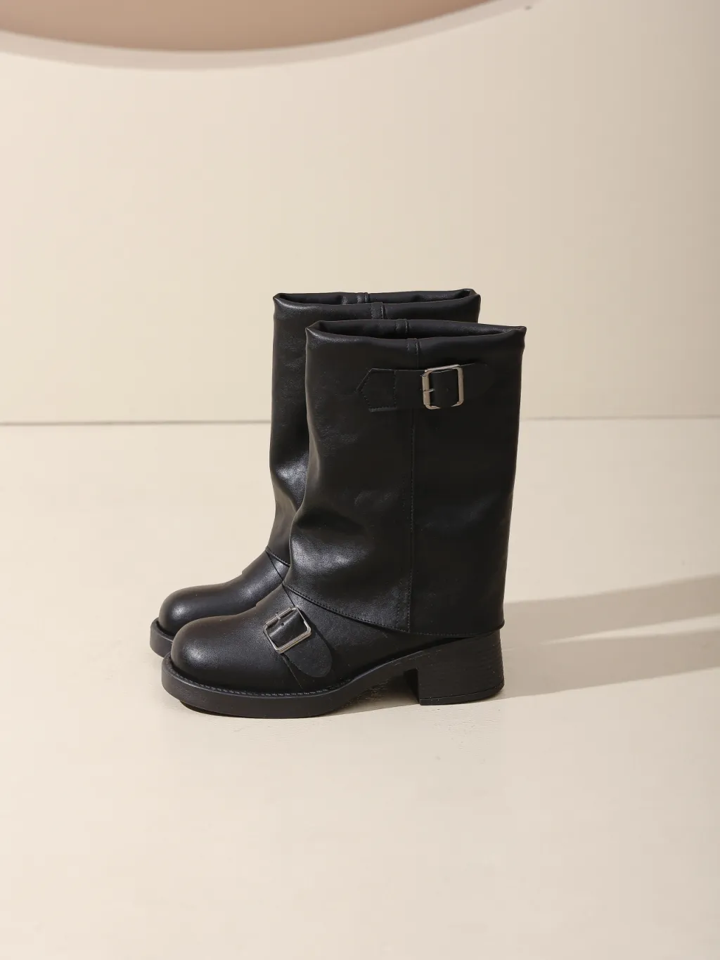 Vintage Style Chunky Heel Leather Boots For Women, Fashion Mid-Calf Boots With Buckle Accents For Comfort And Style - Black