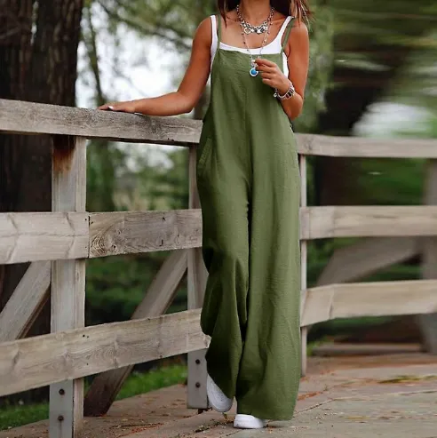 Women's Sleeveless Jumpsuit With Pockets And Adjustable Shoulder Strap Fashion Loose Wide Leg Straight Overalls Summer Beach Trousers Army Green - Shop at LoveMi