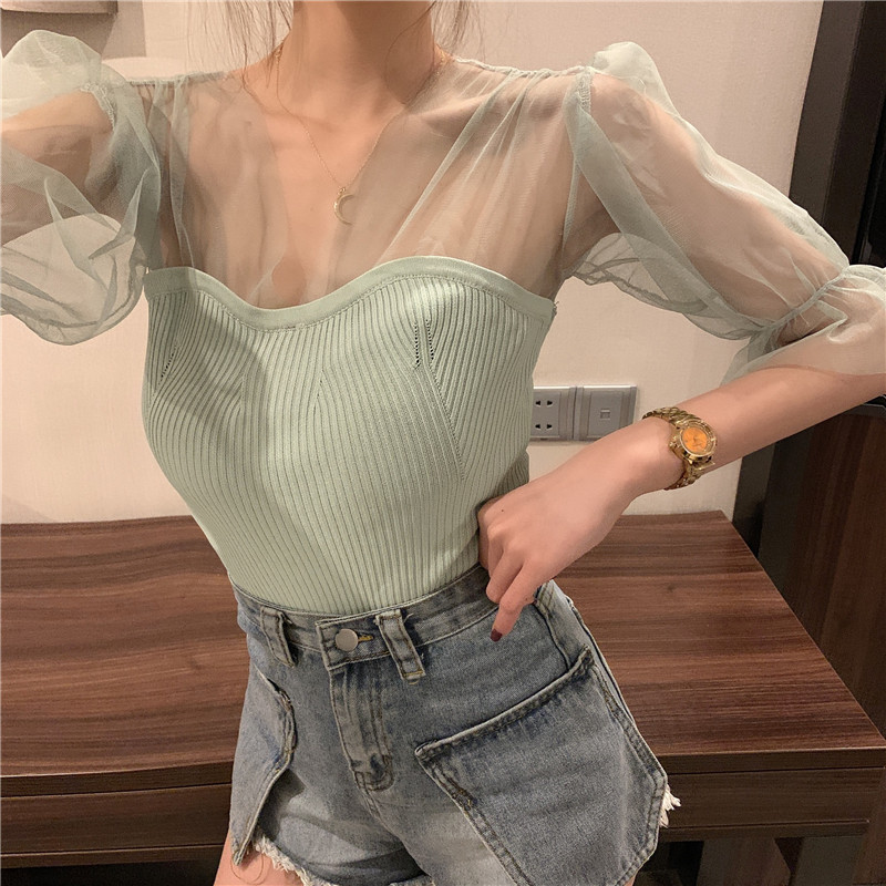 Slim-fit Solid Color Bottoming Shirt With Stitching Knit Top