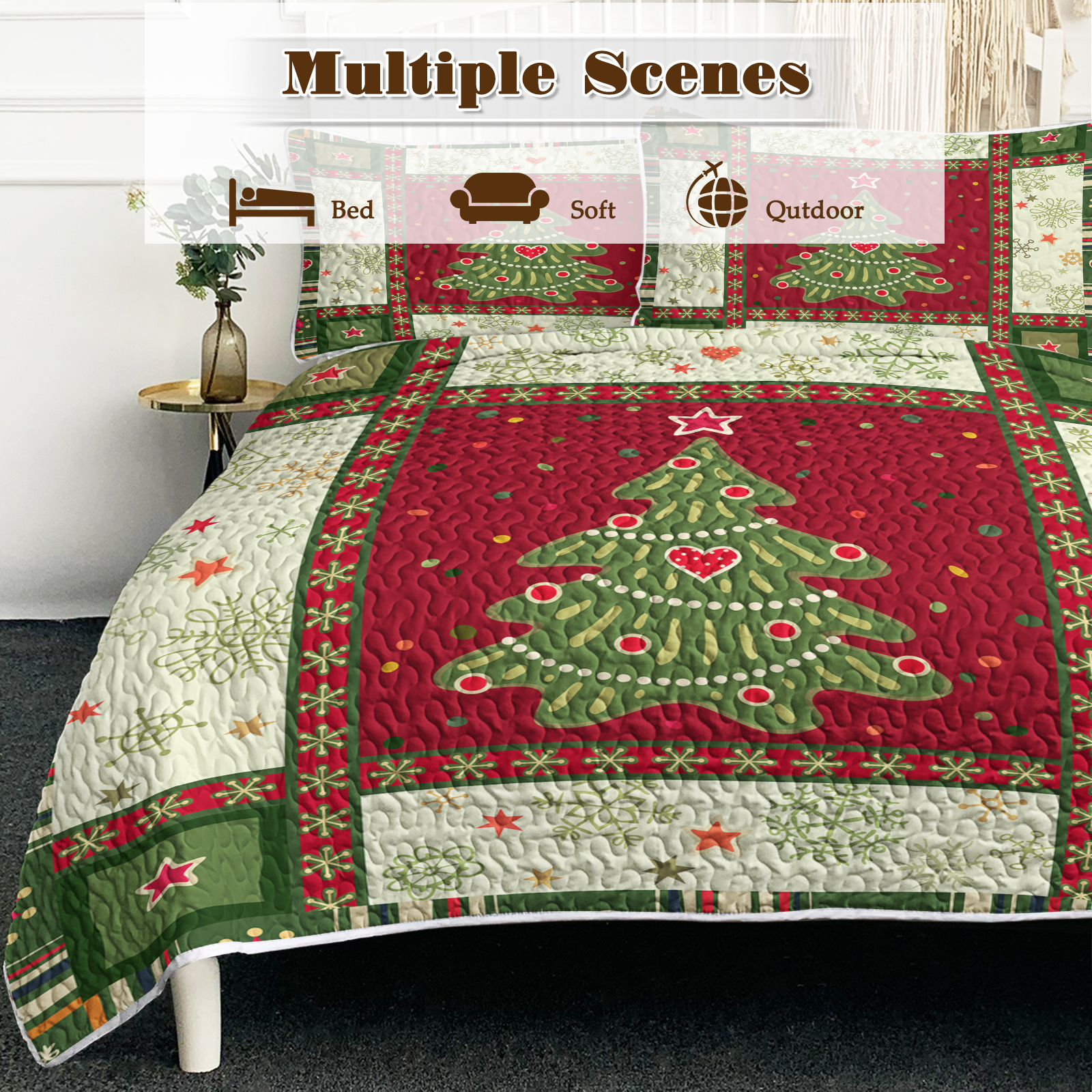 3 Piece Cute Christmas Tree Quilt Set Red Green Snowflakes Pattern Bedspread Lightweight Coverlet Summer Comforter Set Bed Cover,1 Quilt And 2 Shams