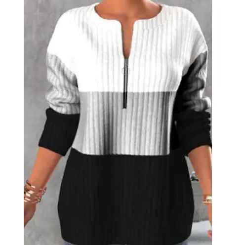 Zipper Contrast Panel Standing Neck Long Sleeve Black - Shop at LoveMi