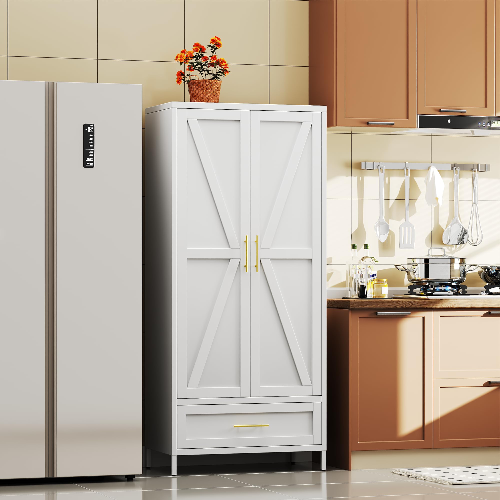 Metal Wardrobe Cabinet With 1 Drawer And Hanging Rod, 70.9inch H Metal Closet Cabient With Adjustable Shelf For Laundry Room, Home,Installation Required,White
