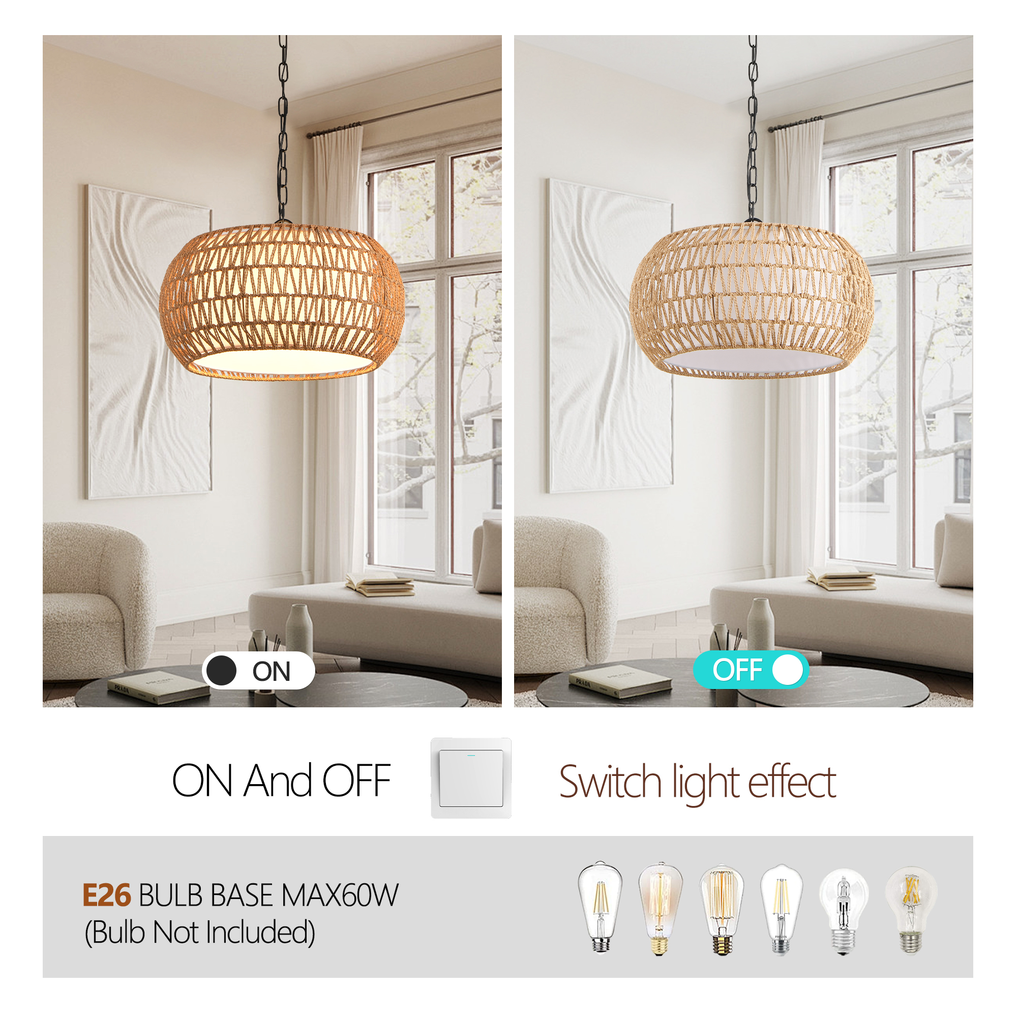18inch Farmhouse Pendant Light With Adjustable Height, Boho Woven Jute Rope Hanging Ceiling Light Fixture, E26 Base, 60W Max, Compatible With Flat, Vaulted, And Sloped Ceil Bulb Not Included