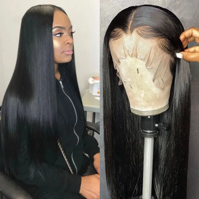 Ladies Mid length Straight Hair Black Synthetic Front Lace Wig Headgear Black - Shop at LoveMi