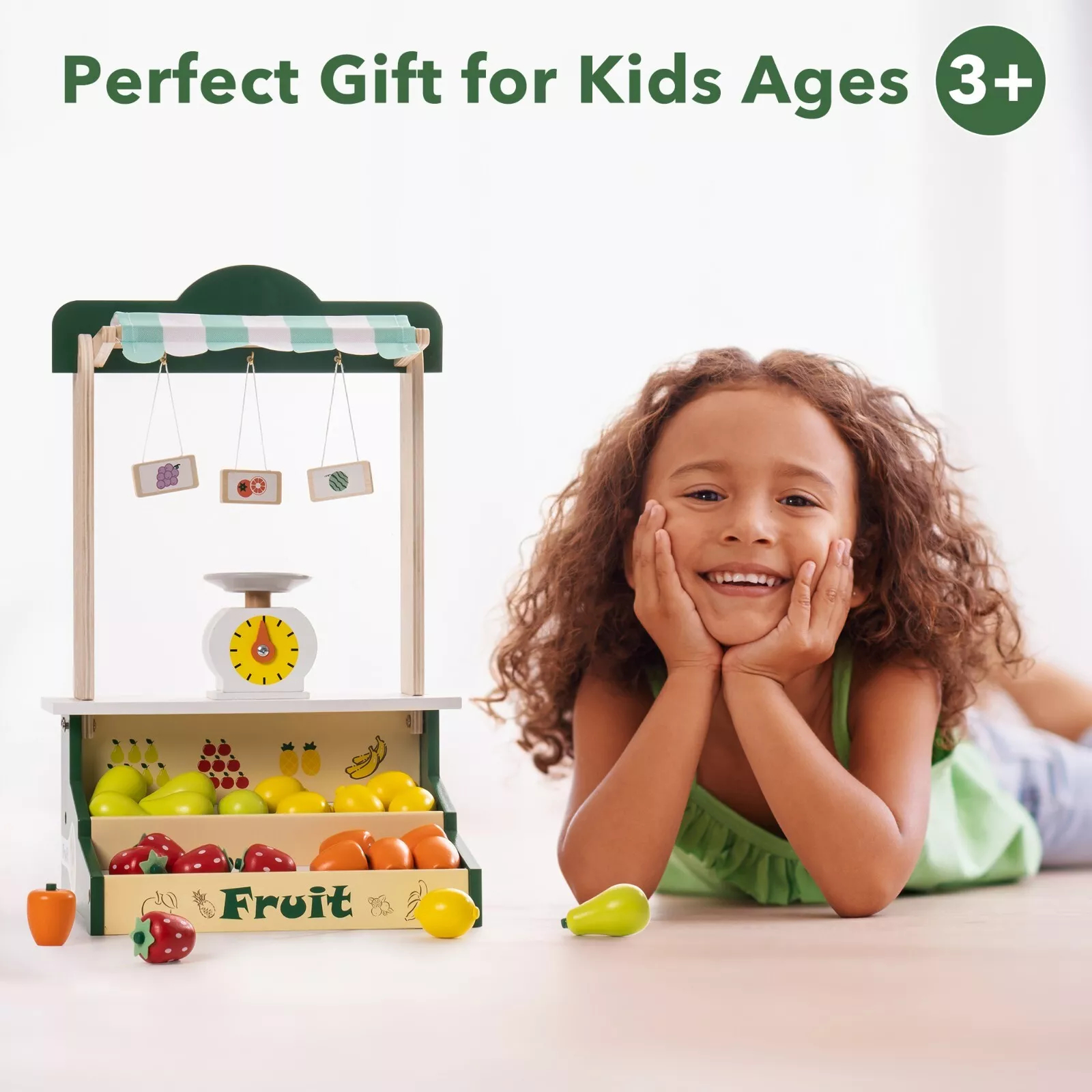 Wooden Farmers Market Stall Toy for Kids. Product Description: ROBOTIME Wooden Farmers Market Stand Fruit Stall, Toy Grocery Store Set for Kids, Role Play Food Toy Set for Boys Girls 3+ Characteristics: Product Name: Pretend Toys Brand: ROBOTIME Theme: Ki