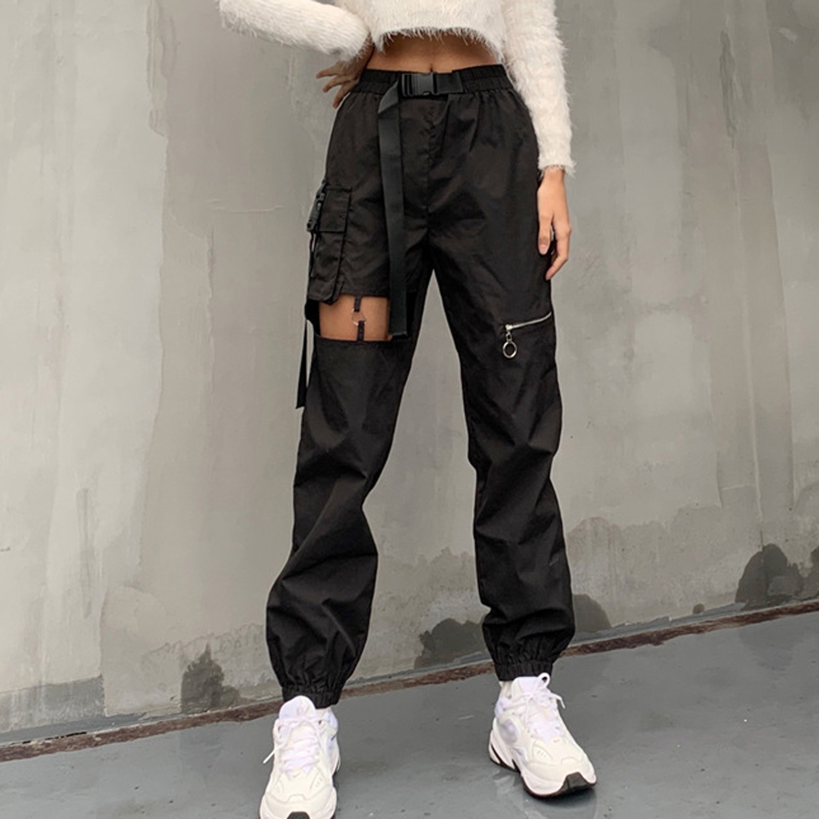 Ladies Hollow Punk High Waist Zippered Cargo Pants