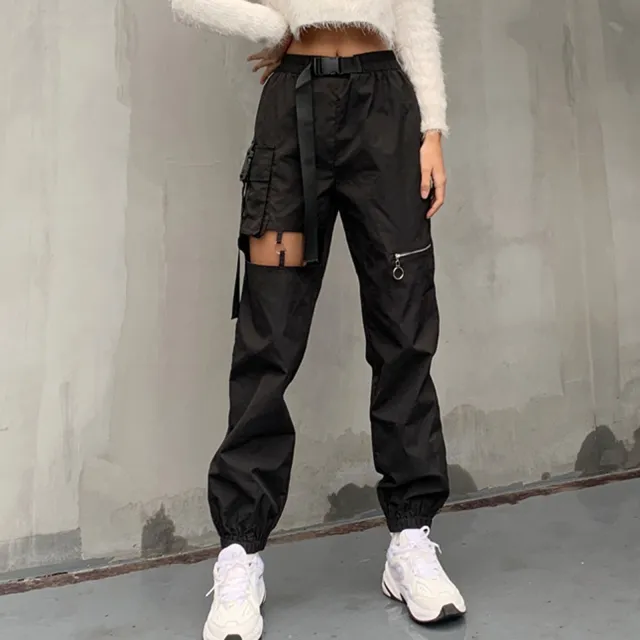 Ladies Hollow Punk High Waist Zippered Cargo Pants Black - Shop at LoveMi