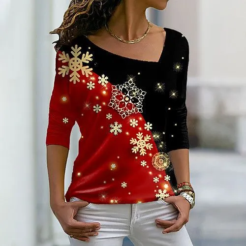 New Christmas Elements Printed Long sleeved Diagonal Collar Pullover T shirt For Women Redandblack - Shop at LoveMi