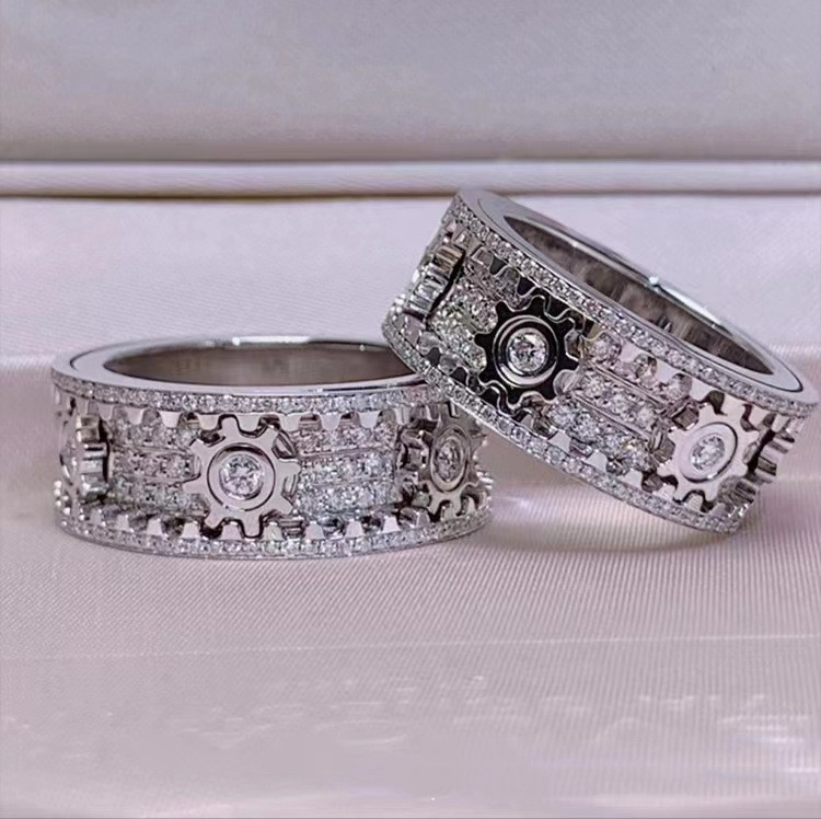 Ins European And American Titanium Steel Carving Inlaid Full Diamond Gear Ring