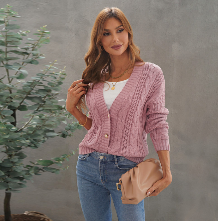 Casual Solid Color V-neck Long-sleeved Sweater Coat