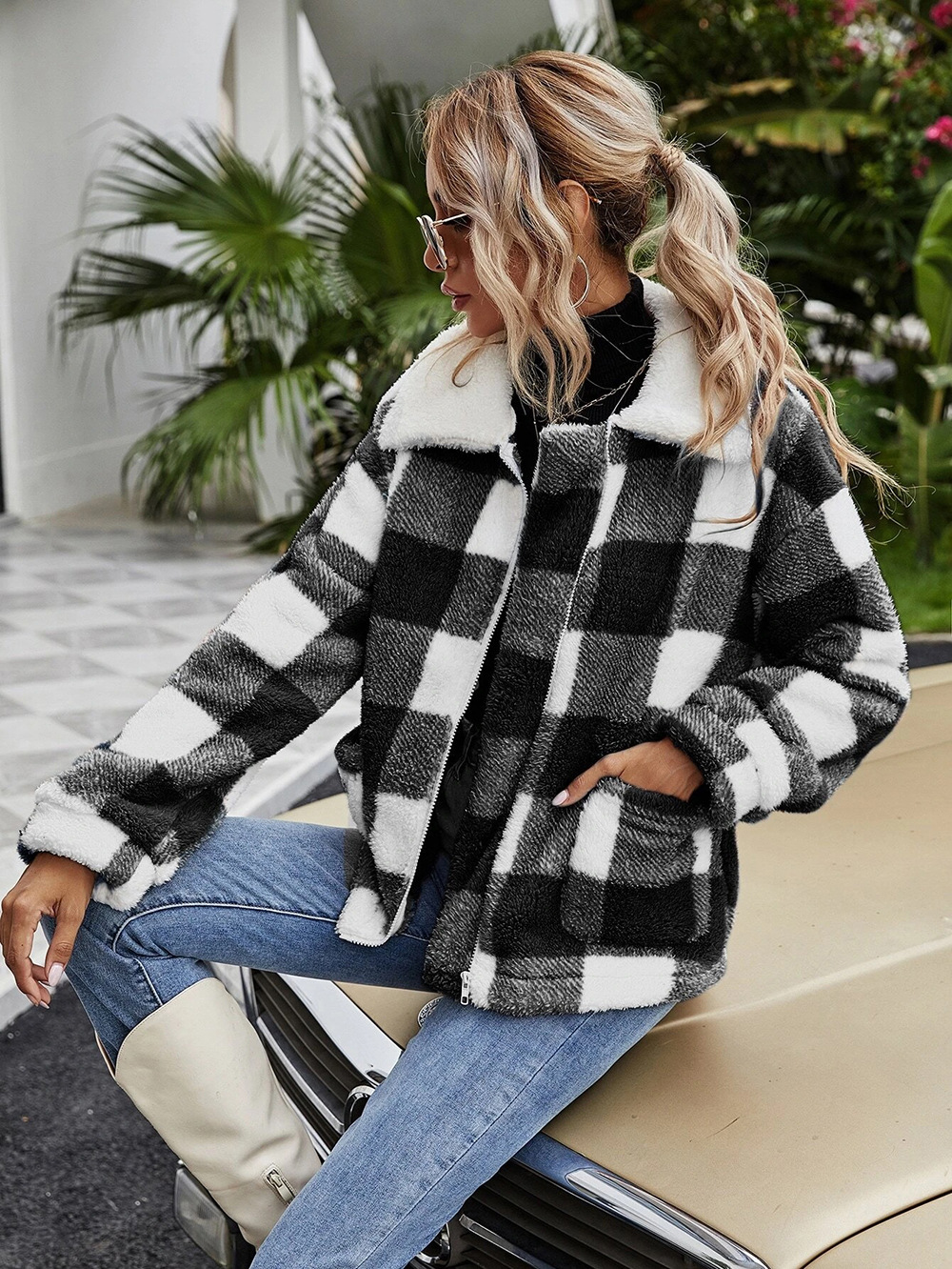 Zipper Cardigan Lapel Plush Plaid Jacket