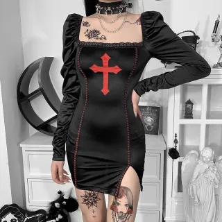 Retro Puff Sleeve Stitching Personalized Dress - Black