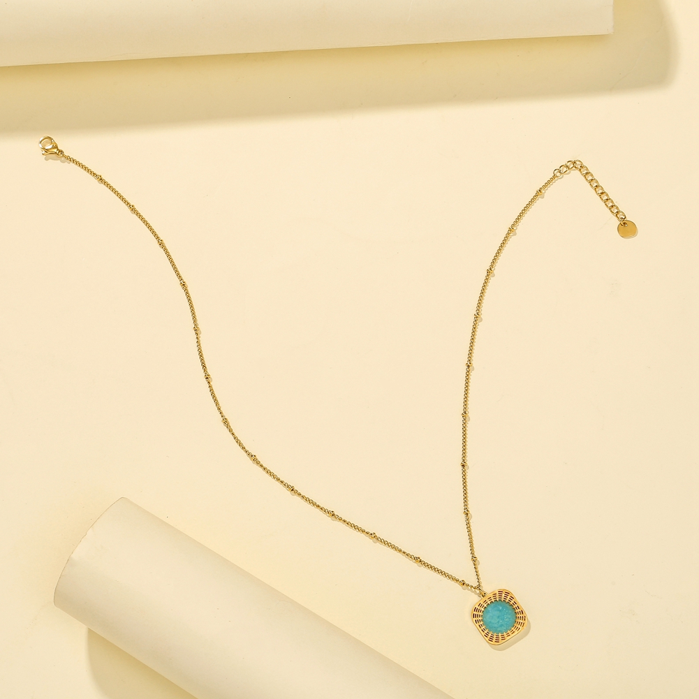 Korean Style Stainless Steel Color Preserving Turquoise Compass Square Pendant