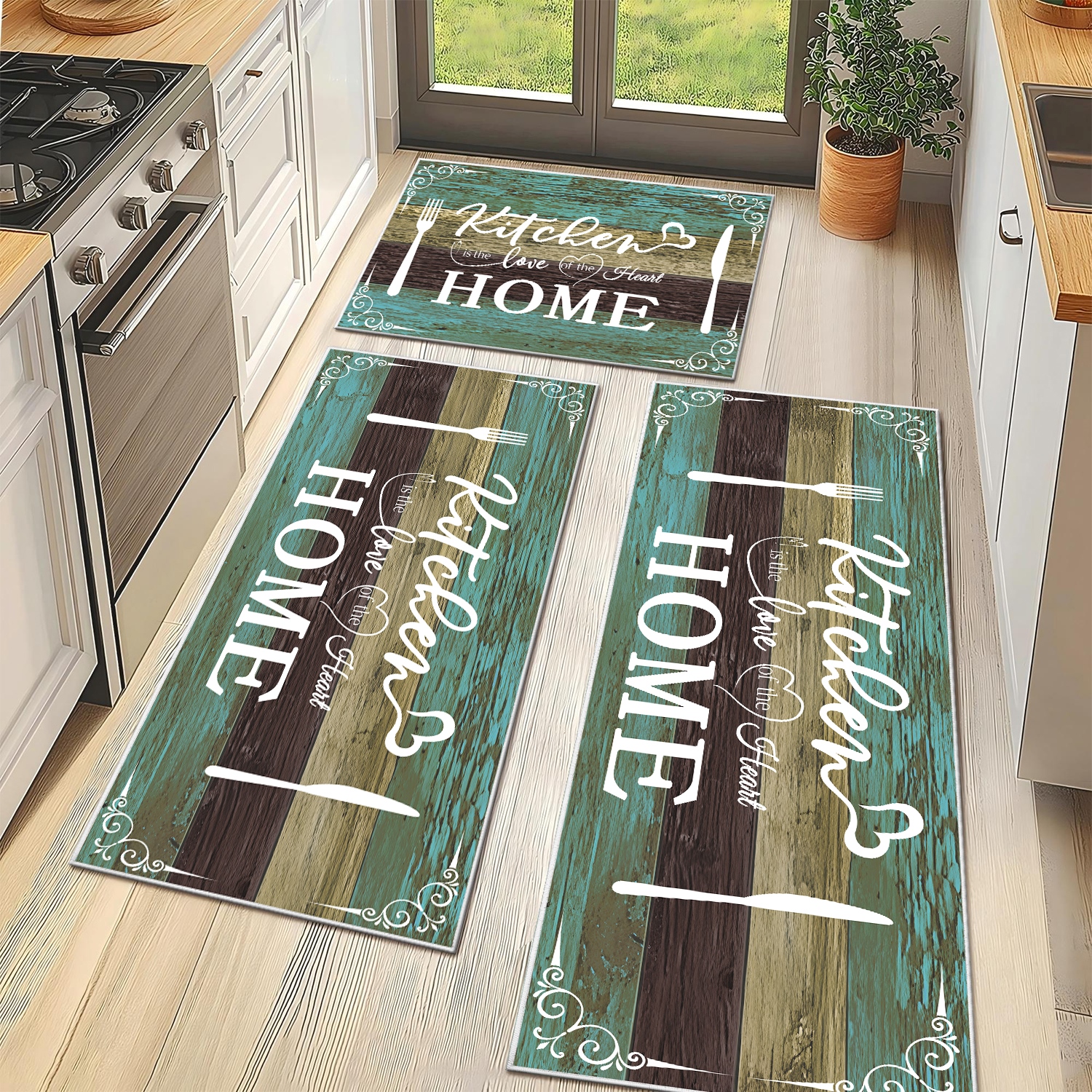 Boho Kitchen Rug Sets 3 Pieces, Washable Kitchen Mats For Floor, Non Slip Soft Kitchen Area Rug Floor Mat For Kitchen, Laundry Room And Hallway Teal, 20''X32'' 20''X48'' 20''X60'' 3