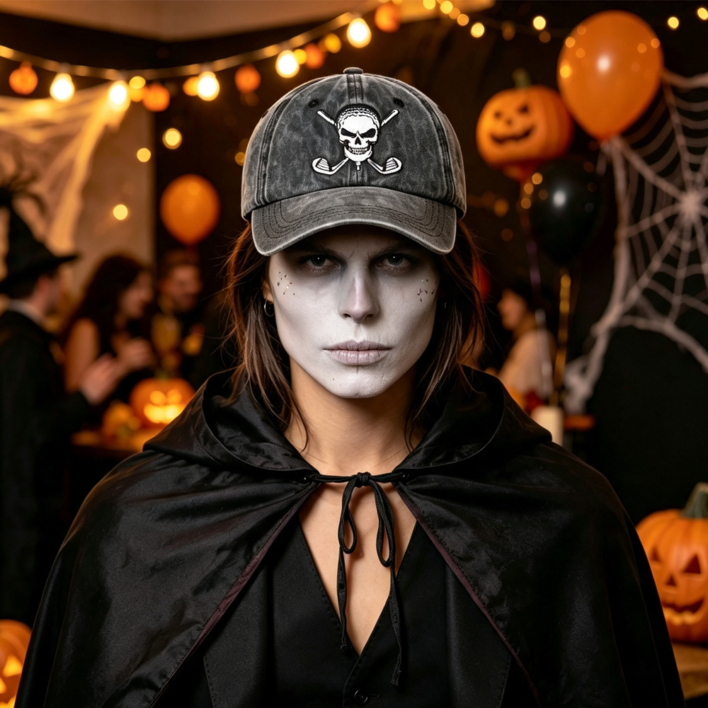 Halloween golf skull hat – lifestyle shot worn casually