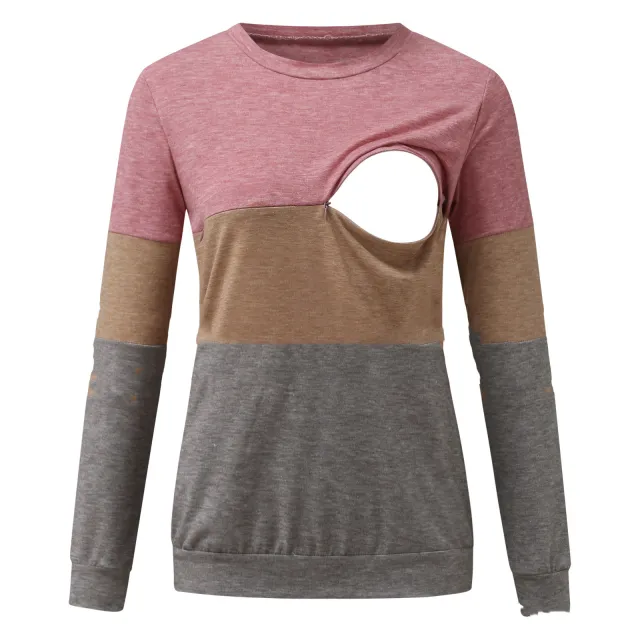 Long Sleeve Colorblock Crew Neck Nursing Top T Shirt Pink - Shop at LoveMi