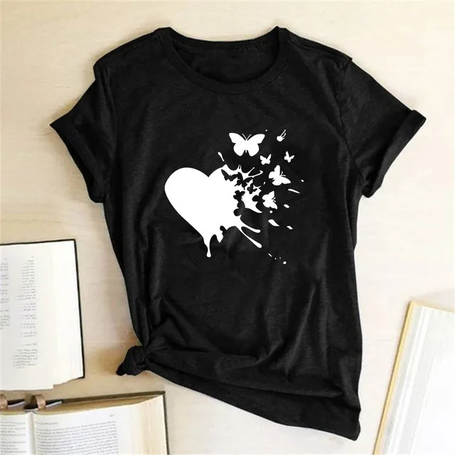Butterfly Love Printed Casual All match Loose Ladies Short Sleeve T Shirt Black - Shop at LoveMi
