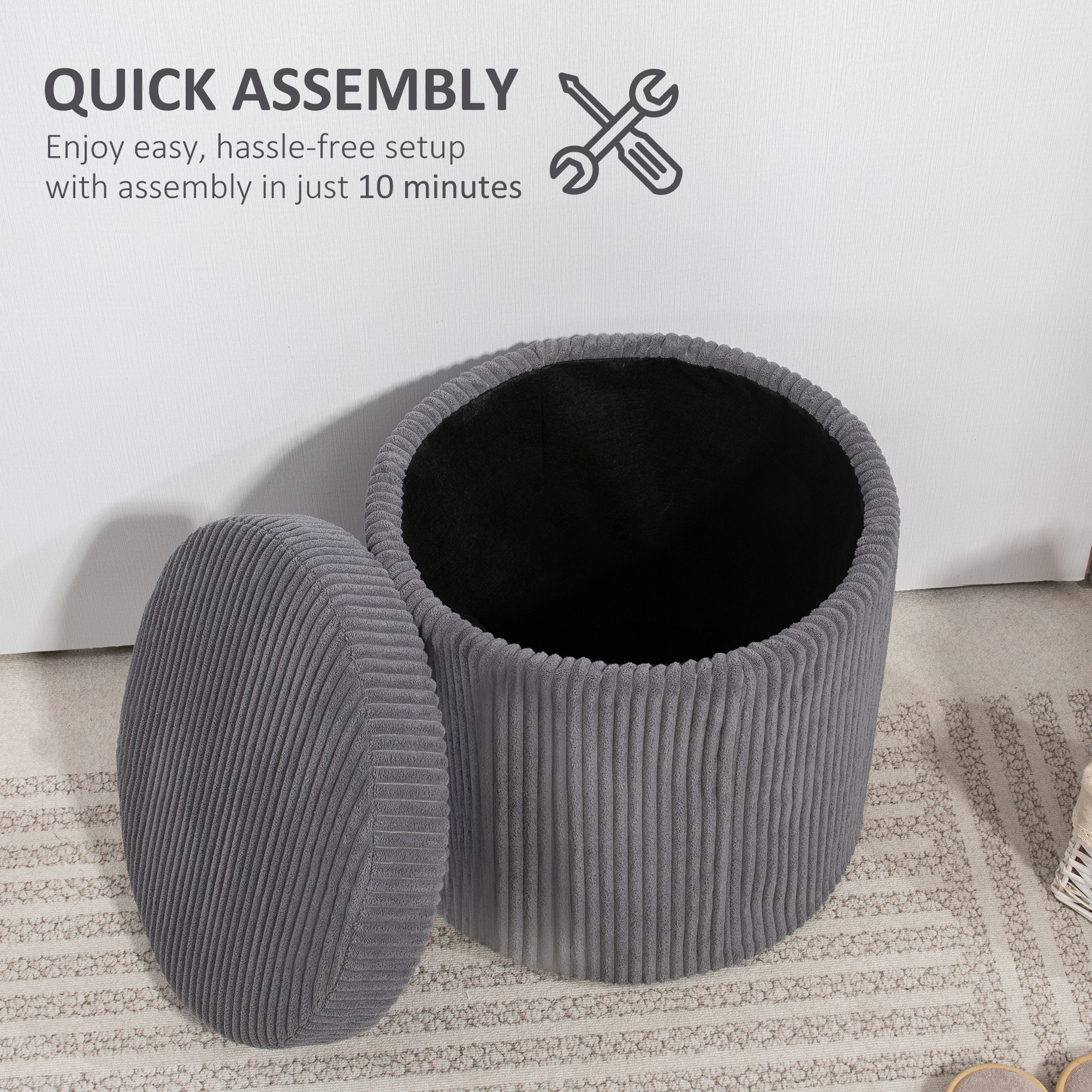 40cm Round Storage Footstool, Made Of Corduroy Material, With Detachable Lid — image 10
