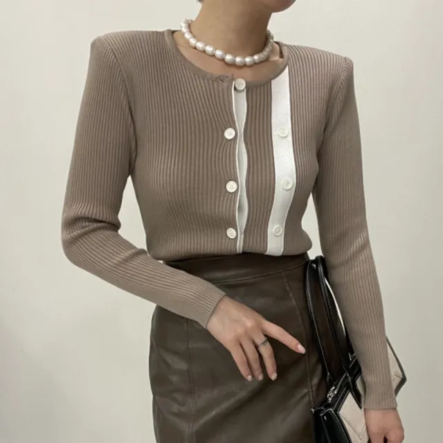 French Vintage Round Neck Contrast Double Row Button Pit Stripe Sweater Khaki - Shop at LoveMi