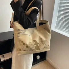 Cute Cartoon Cat Printed Canvas Bag Large Capacity Fashion Shopping Shoulder Bag Student Campus Handbag - Khaki - View 1