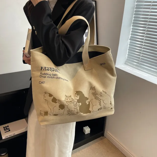 Cute Cartoon Cat Printed Canvas Bag Large Capacity Fashion Shopping Shoulder Bag Student Campus Handbag Khaki - Shop at LoveMi