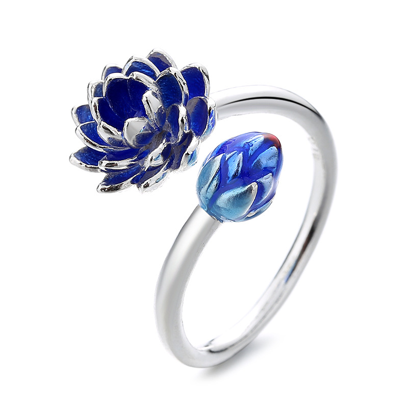 S925 Sterling Silver Ethnic Style Epoxy Burnt Blue Lotus Bud Temperament  Ring