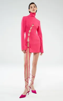 Long-sleeved Scarf Collar Dress Girl - Rose Red - View 1