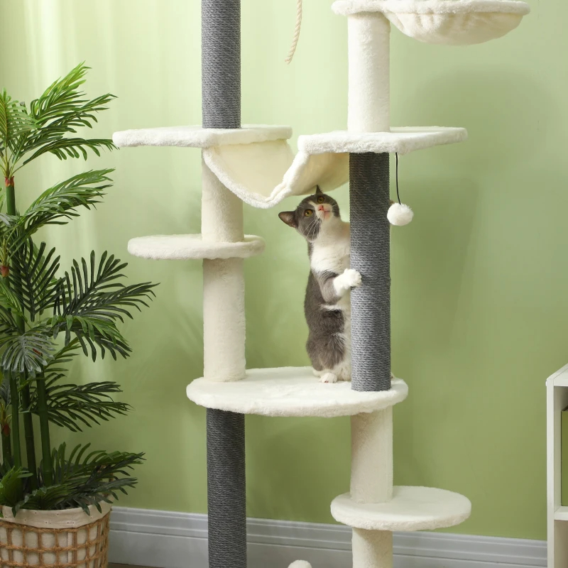 PawHut Floor To Ceiling Cat Tree With Scratching Posts, Hammock, Perches & Toy Balls, White