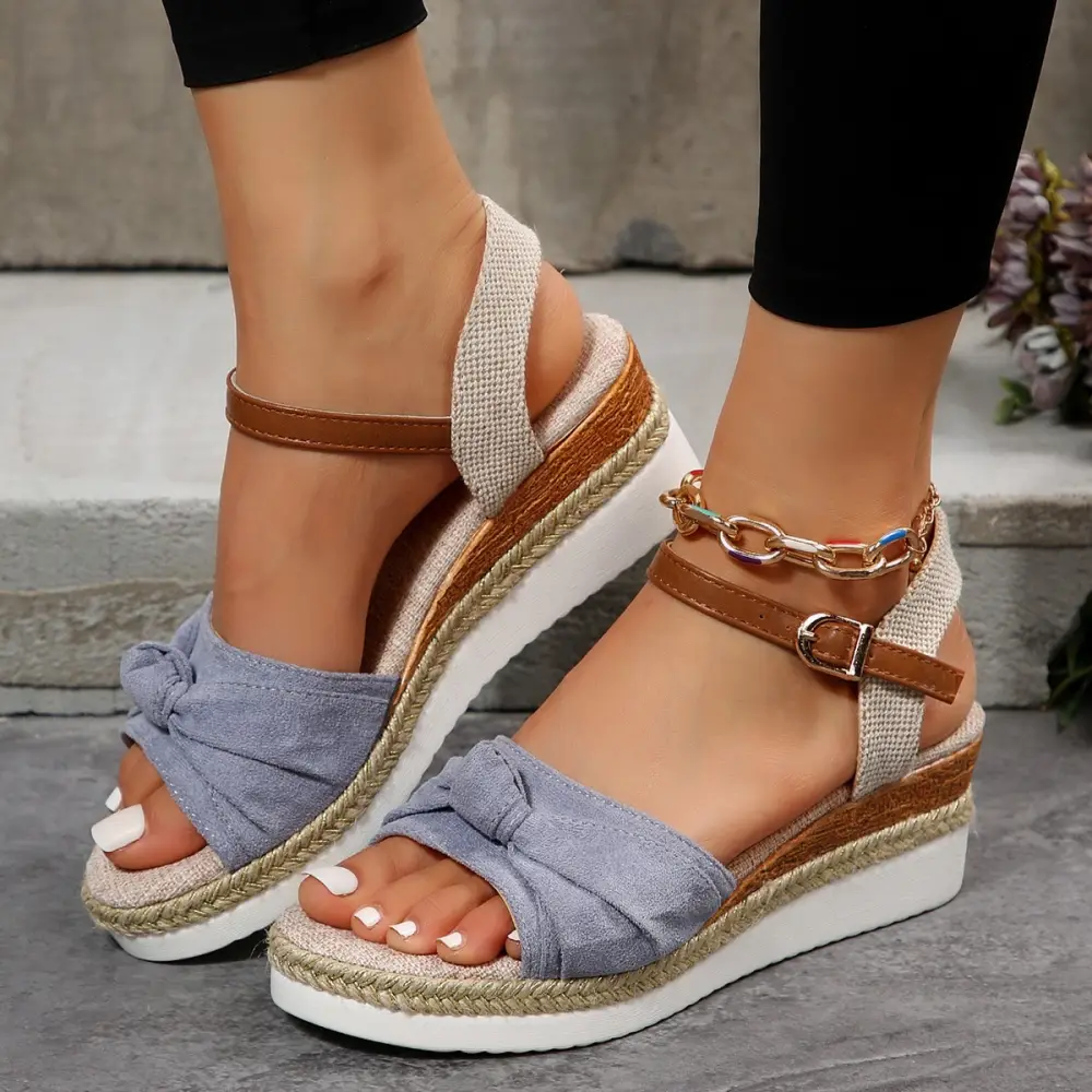 New Thick-soled Bow Sandals Summer Fashion Casual Linen Buckle