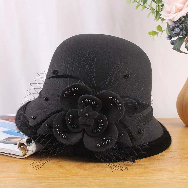 Woolen Hat Bucket Ladies Handmade Mesh - Black