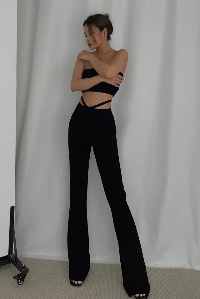 Self made V waist Hollow High Elastic Draping Threaded Micro Trousers Black - Shop at LoveMi