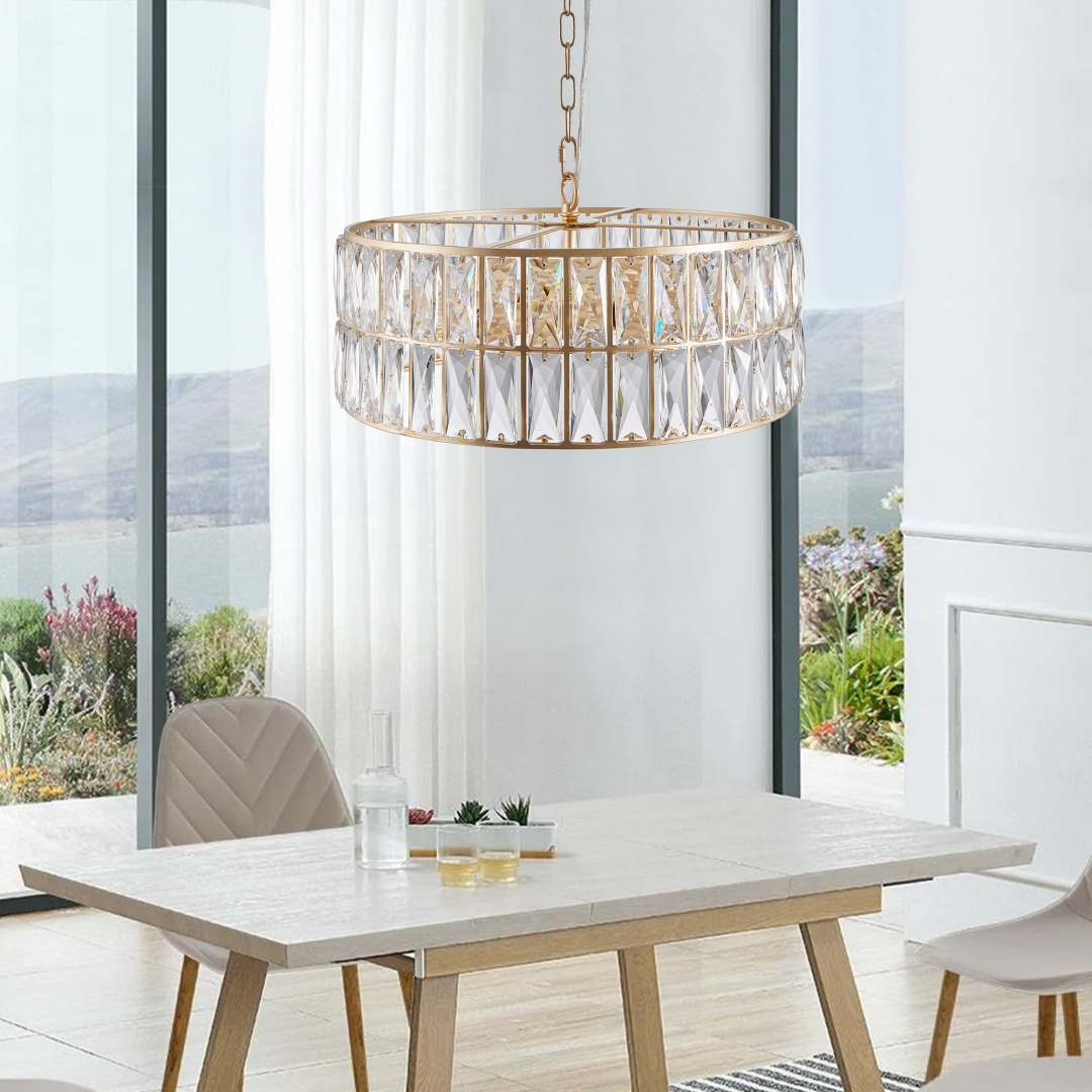 18  Golden Modern Crystal Drum Chandelier, 6-Light Pendant Lighting Fixture With Metal Frame For Living Room, Dining Room, And Bedroom  Bulbs Not Included