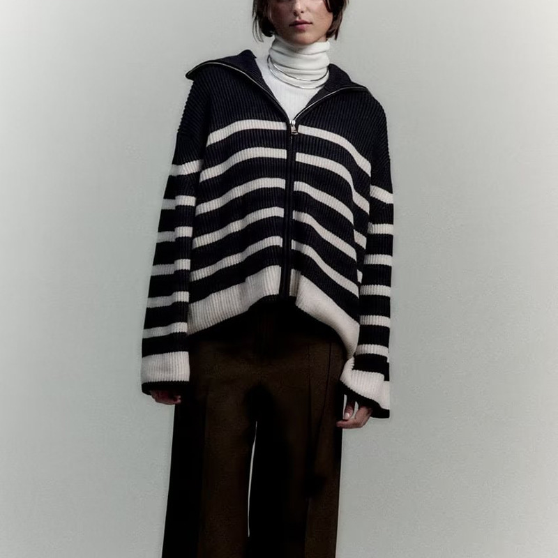 Women's High Neck Striped Contrast Sweater