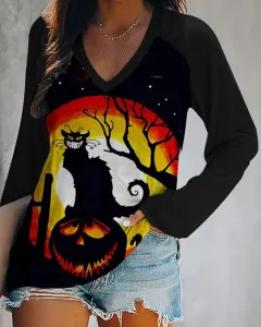 Fashion V-Neck Print Loose Long Sleeve T-Shirt - 11Style-3Xl - View 1