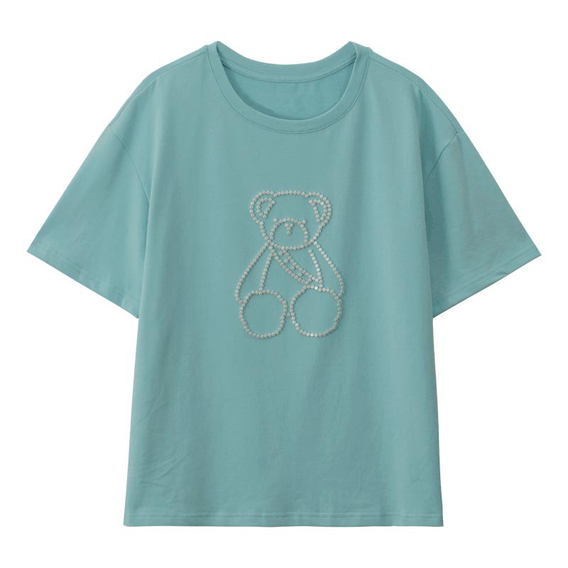 Women's Round Neck Loose Beaded Bear T-shirt