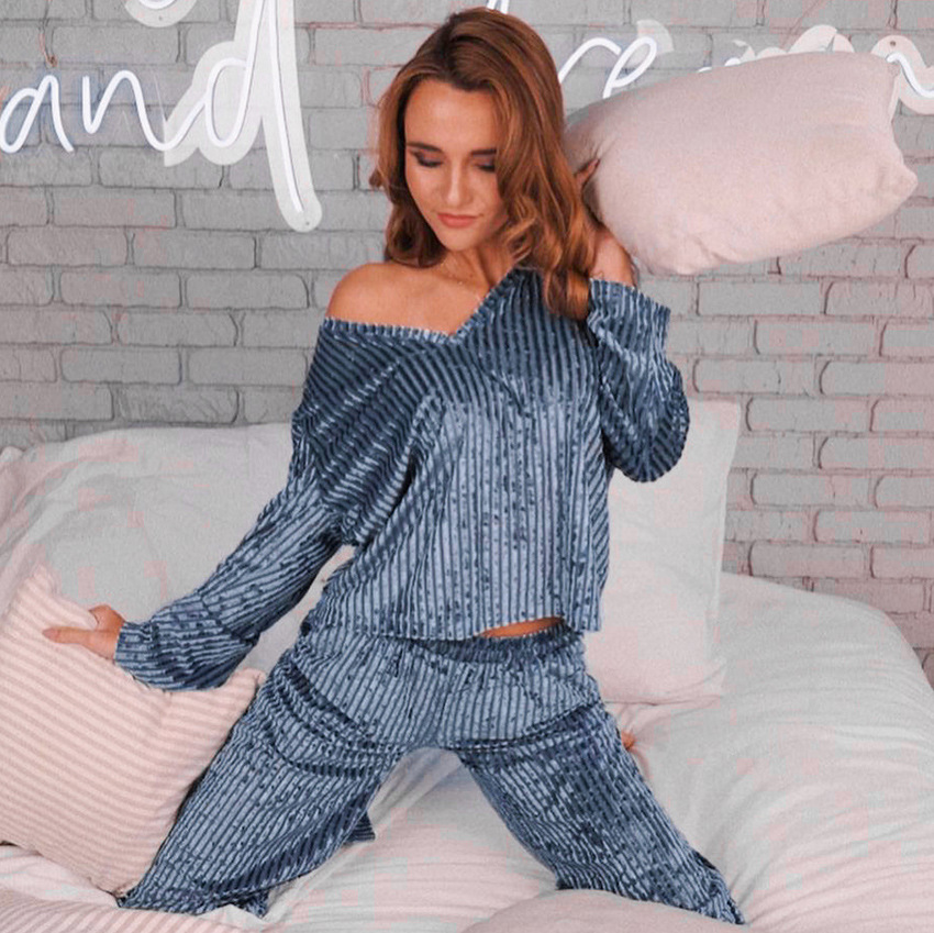 Title 7, Striped Gold Diamond Velvet Long-Sleeved Pajama...