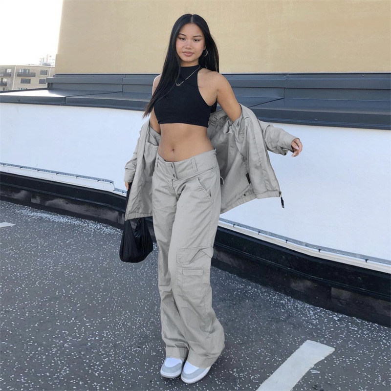 Double Button Waist Design Solid Color Wide Leg  Multi-pocket Daddy Pants