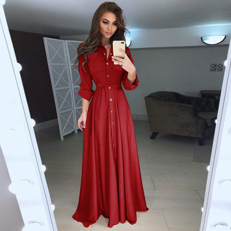 Spring Long Sleeve Button Down Shirt Maxi Dress, Tie Waist Slim Fit Flowy Long Casual Dress