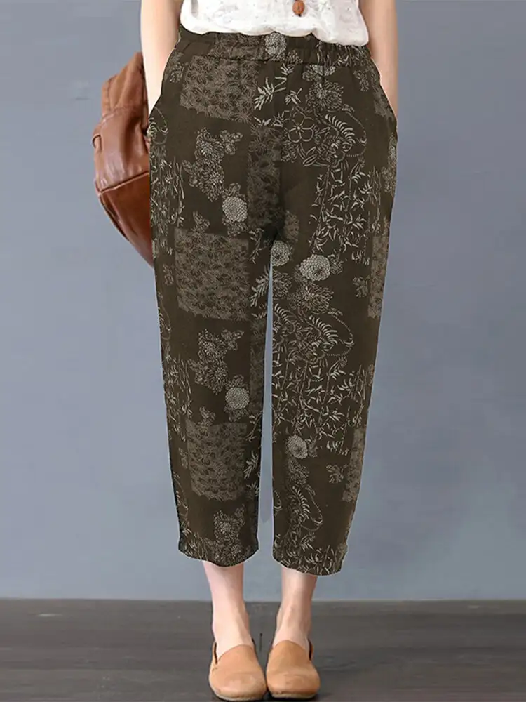 Explosive Style Cotton And Linen Printed Casual And Comfortable Elastic Waist Women's Ninth Pants