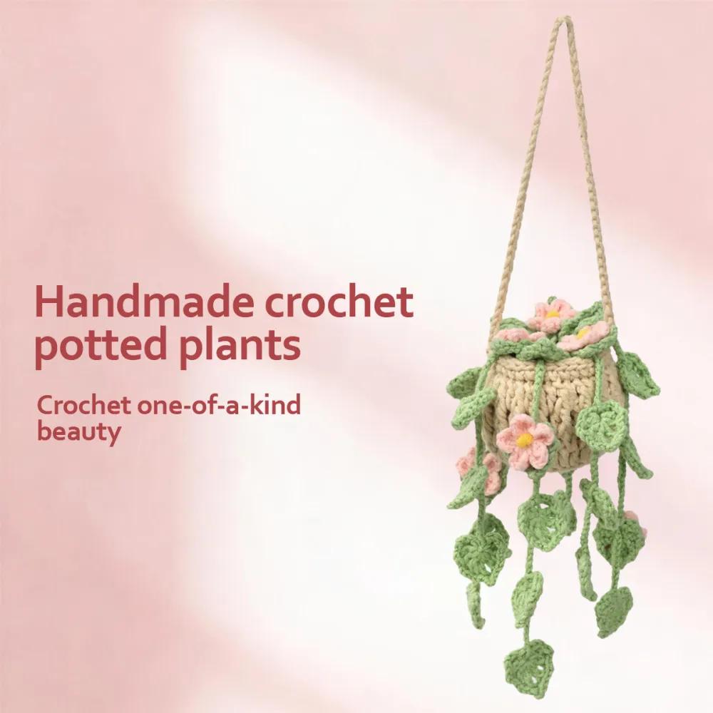 Handmade Crochet Hanging Potted Ornament With Trailing Pink Blooms And Green Leaf Vines Everlasting Soft Yarn Crochet Blossom Indoor Home Hanging Decor